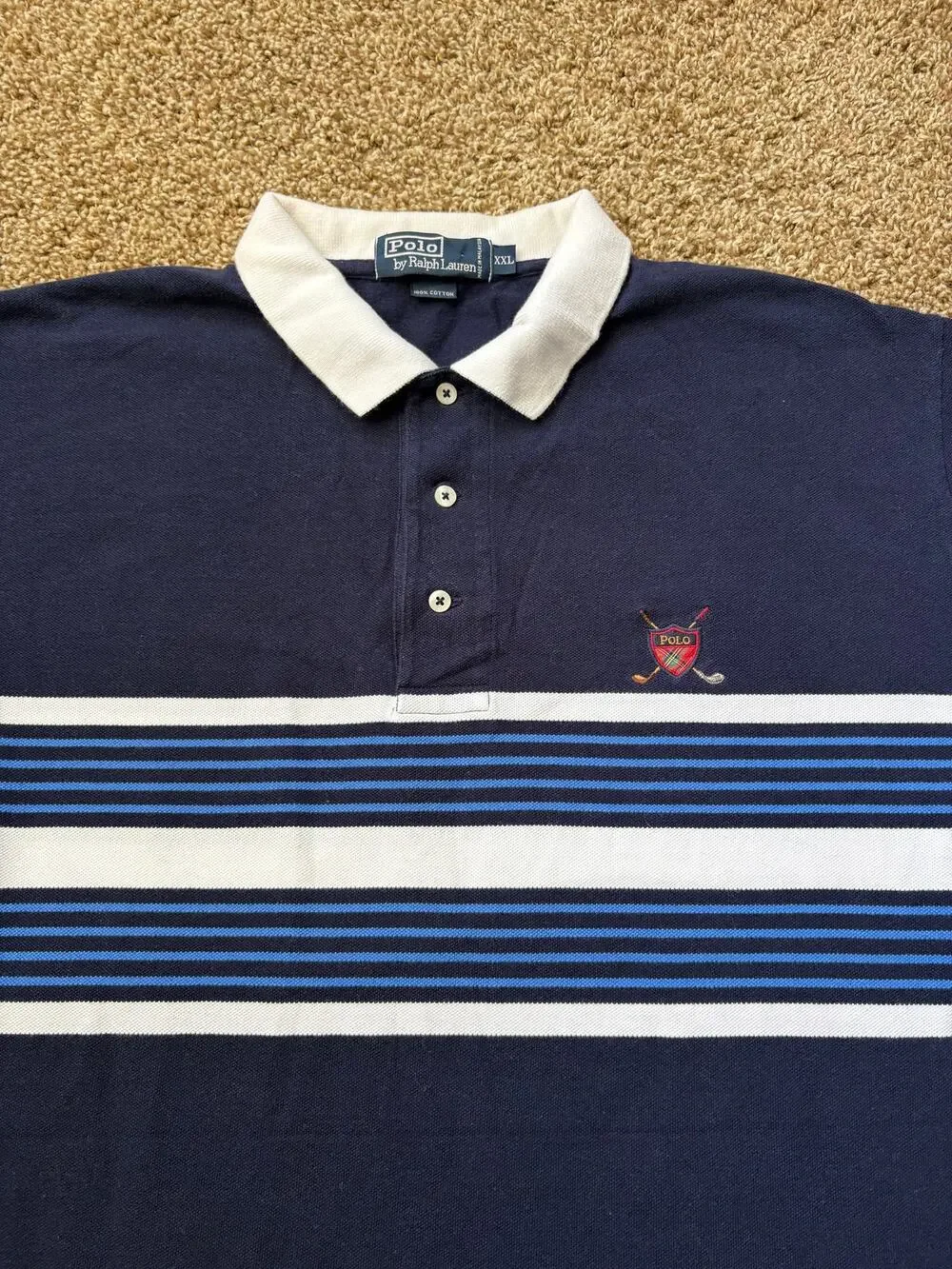 Vintage Polo Ralph Lauren Striped Polo w/ Crest Embroidery Mens Size XXL Navy